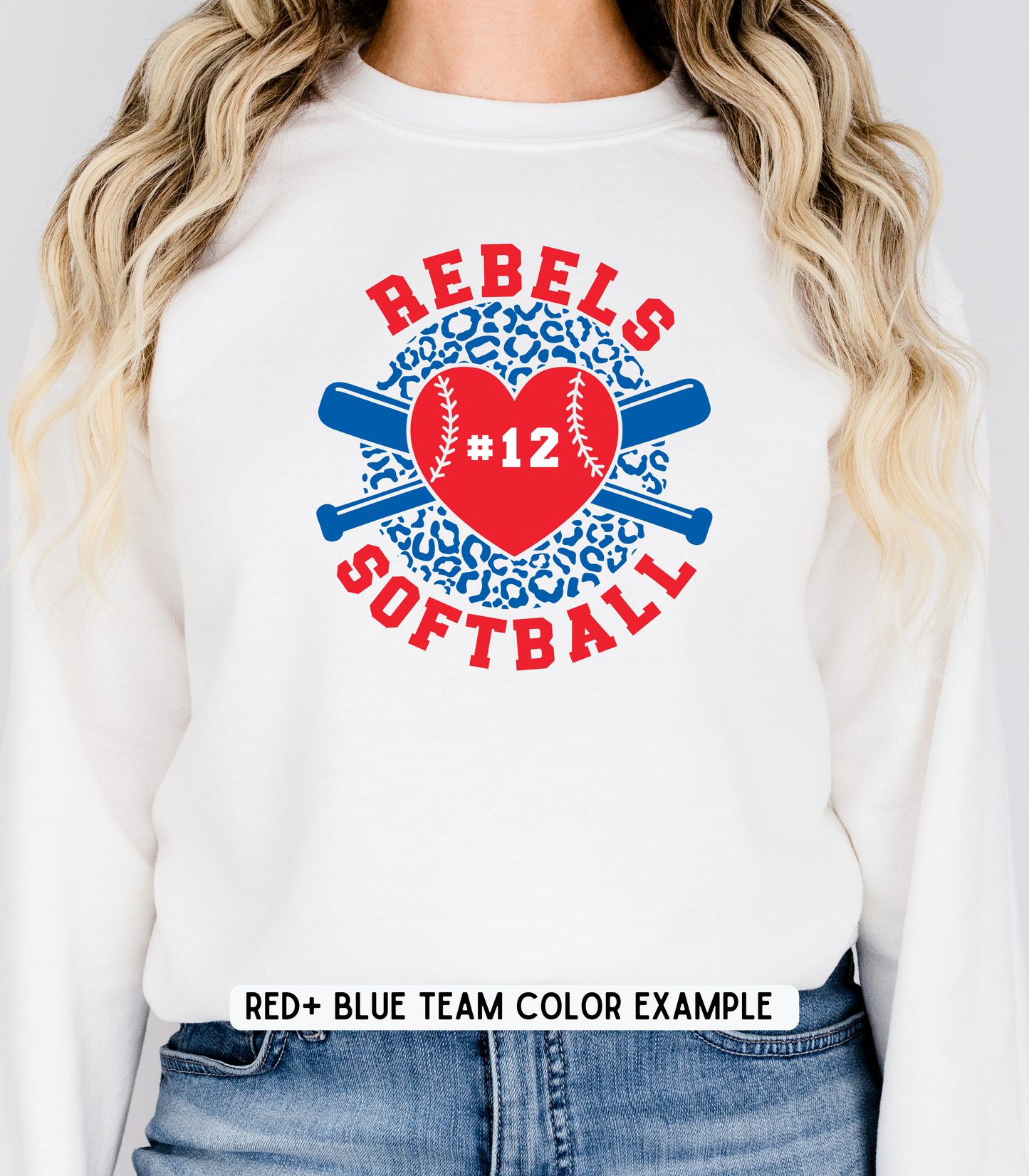 ADULT CUSTOMIZABLE SOFTBALL LEOPARD HEART CREWNECK