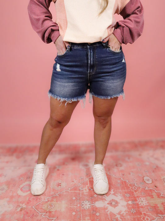 FRAYED HEM SEMI DISTRESSED DARK WASH DENIM SHORTS