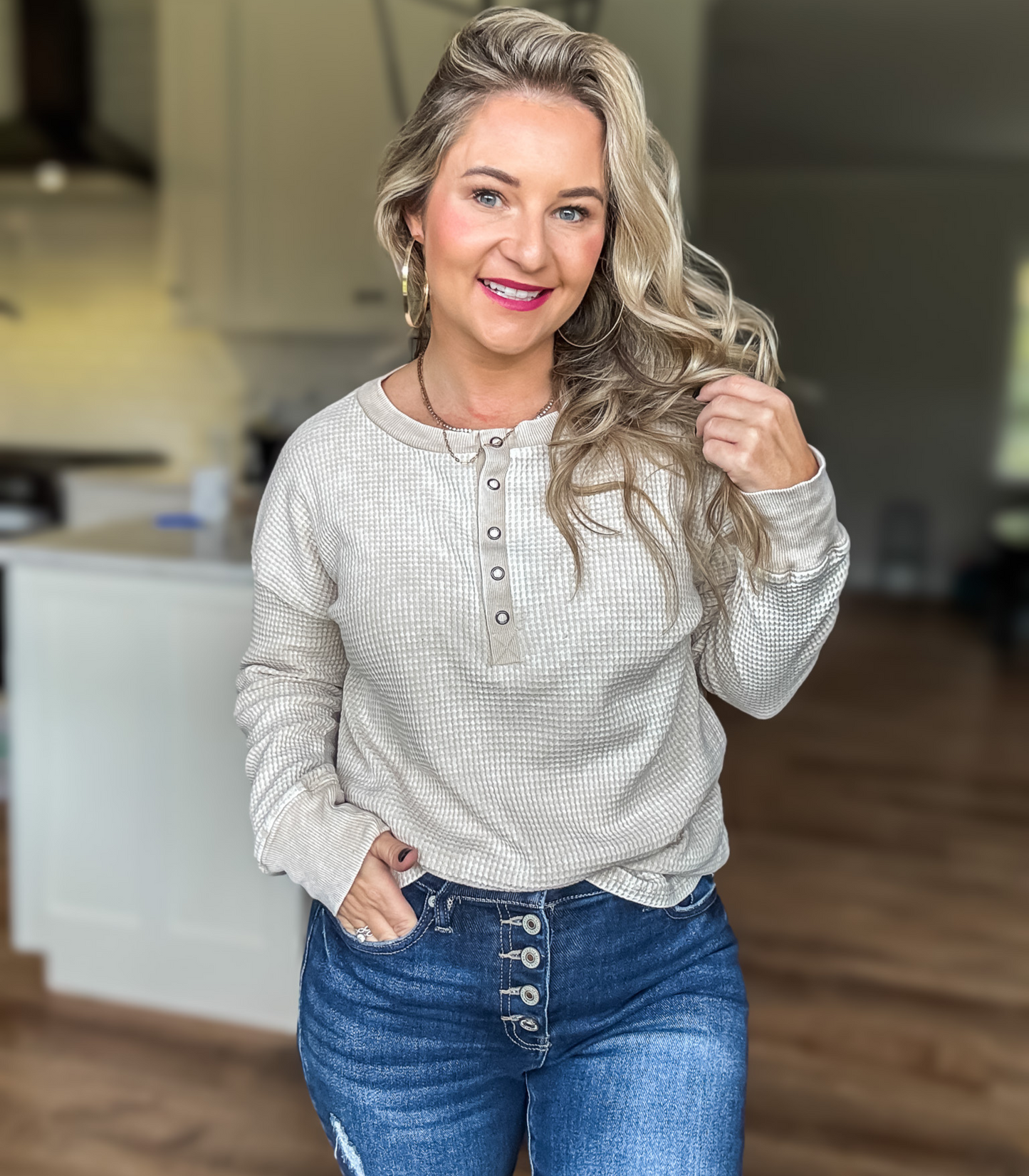 WHEN I GO BABY WAFFLE KNIT HENLEY - FINAL SALE
