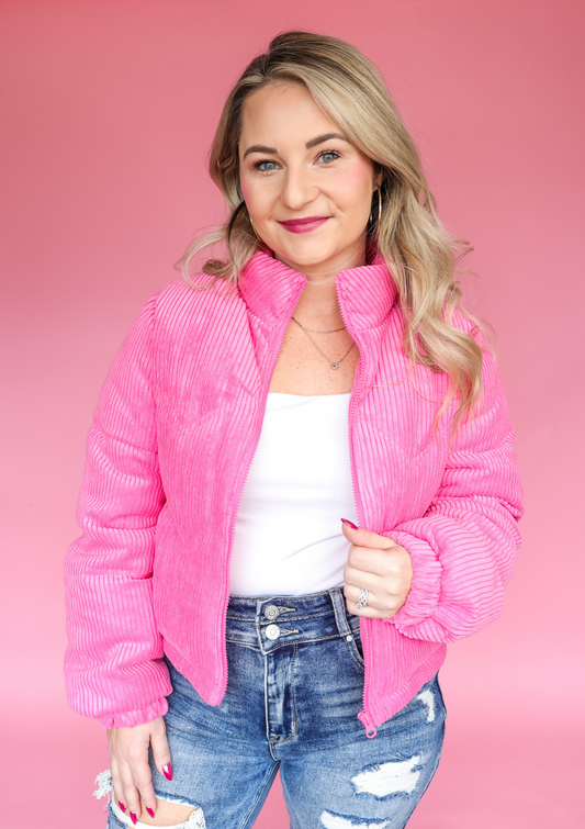 HARD TO FOCUS PINK CROP PUFFER JACKET