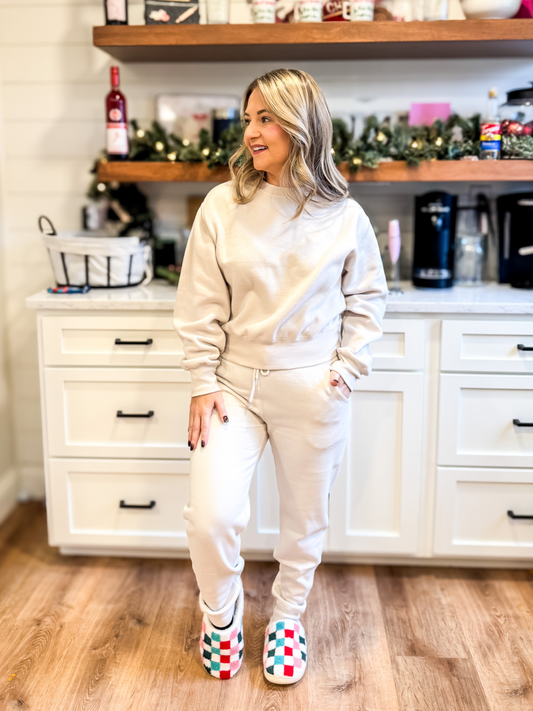COZY UP CHRISTMAS BASIC FLEECE JOGGERS - BEIGE- FINAL SALE