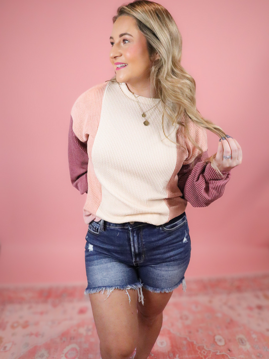 GIVE IT A GO SPRING PASTEL RIBBED COLOR BLOCK TOP - FINAL SALE
