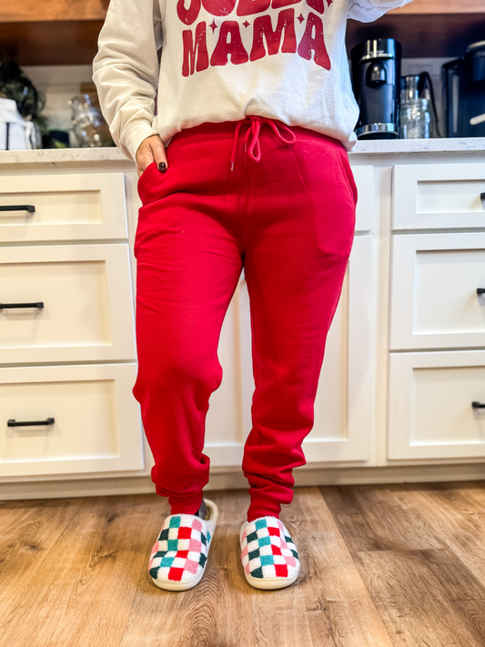 COZY UP CHRISTMAS BASIC FLEECE JOGGERS - RED - FINAL SALE