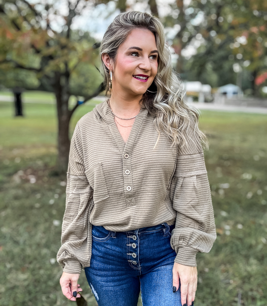 OLIVE DREAMS THERMAL KNIT HOODED HENLEY - FINAL SALE