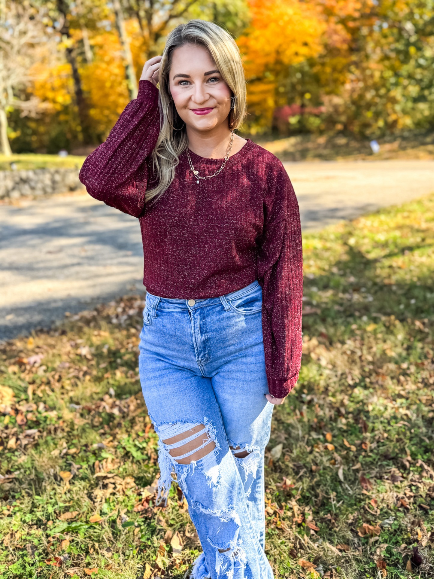 WINTER NIGHTS SKY METALLIC RIBBED KNIT TOP