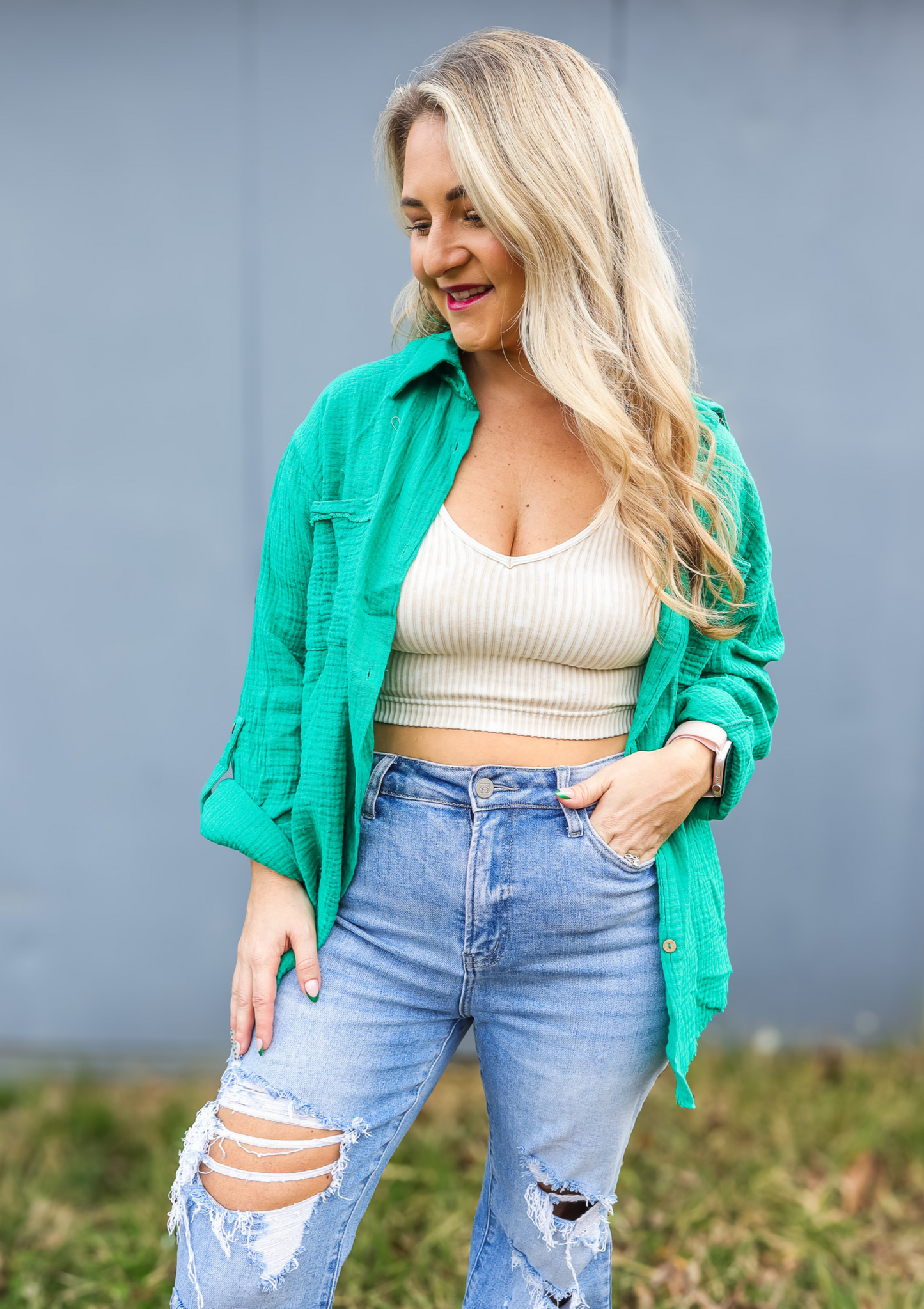 HAPPY DAYS JADE DOUBLE GAUZE BUTTON DOWN