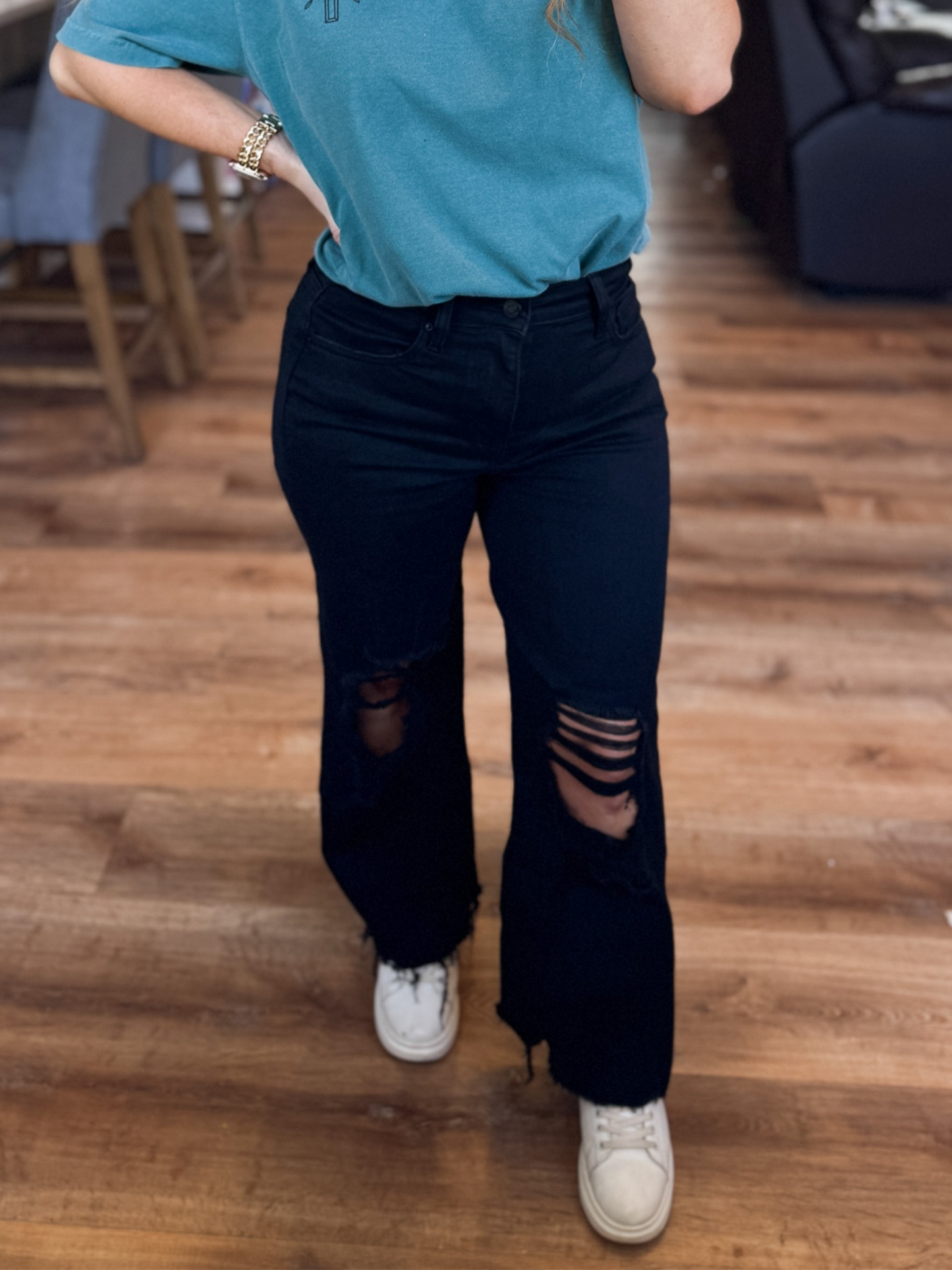 RESTOCK - THE KEL DISTRESSED KNEE FLARE GO-TO HIGH WAISTED JEANS - FINAL SALE