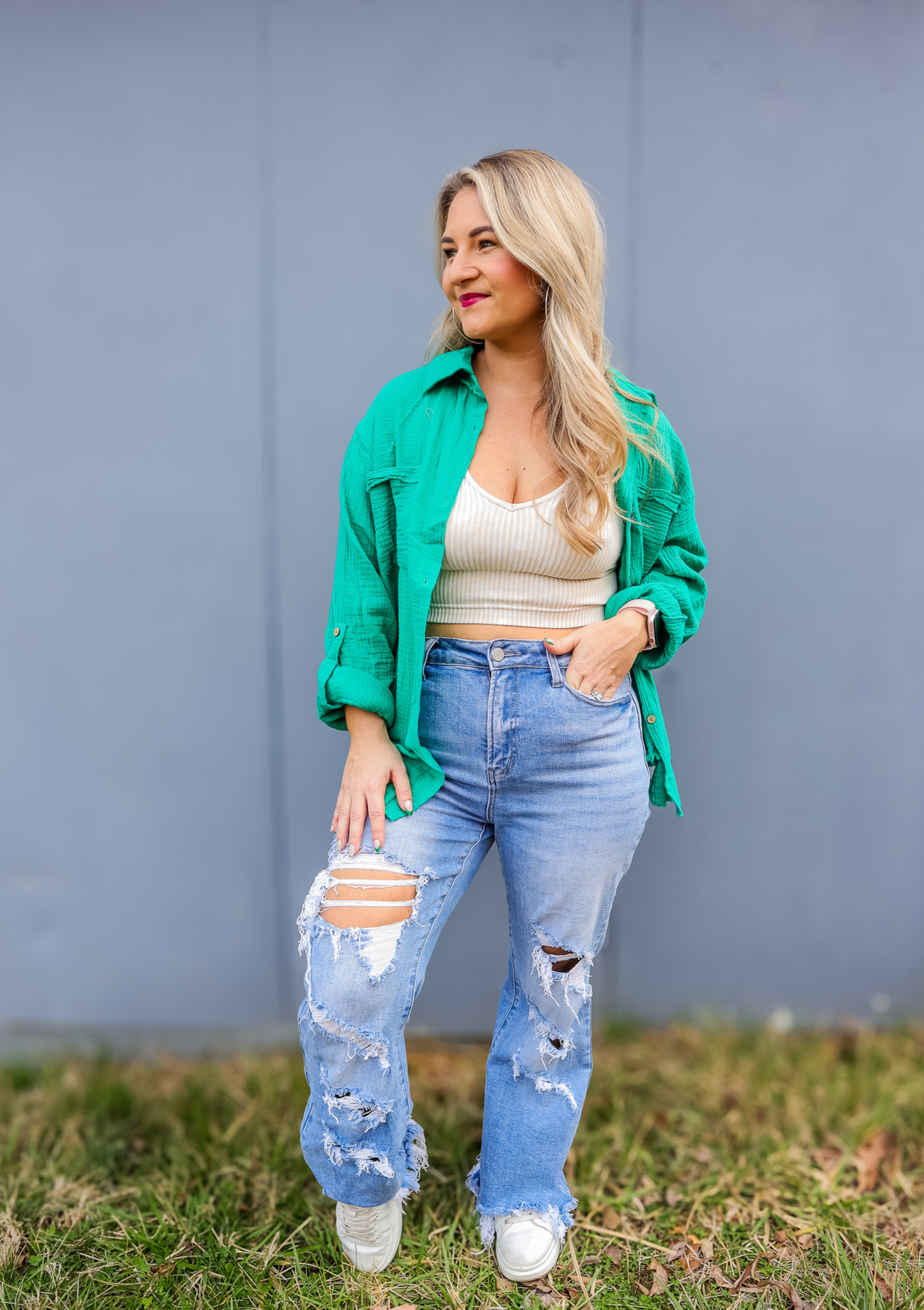HAPPY DAYS JADE DOUBLE GAUZE BUTTON DOWN