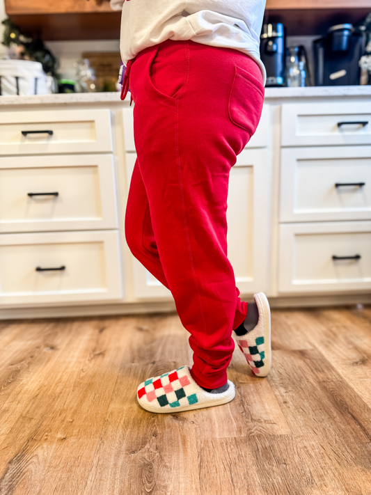 COZY UP CHRISTMAS BASIC FLEECE JOGGERS - RED - FINAL SALE
