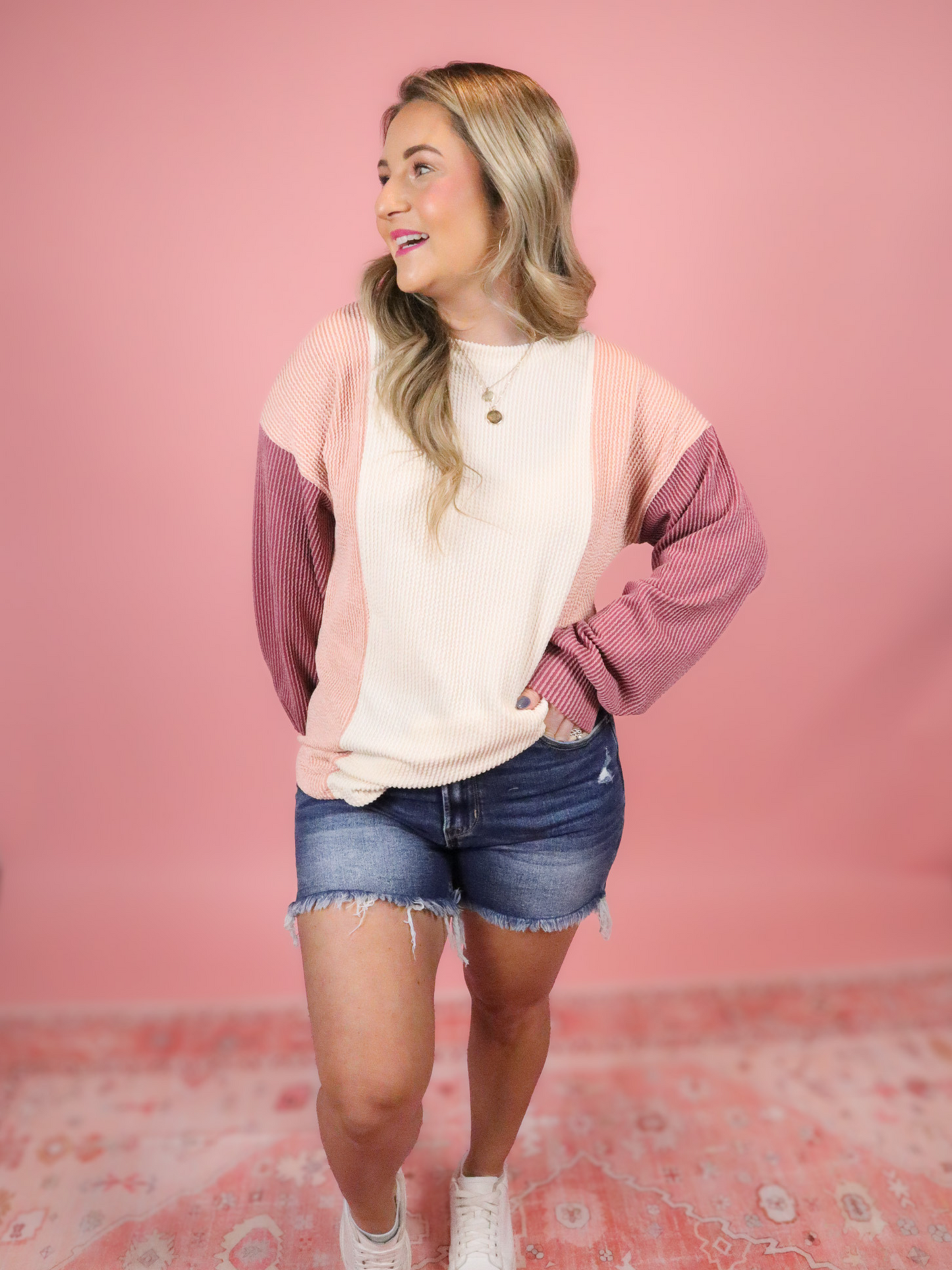 GIVE IT A GO SPRING PASTEL RIBBED COLOR BLOCK TOP
