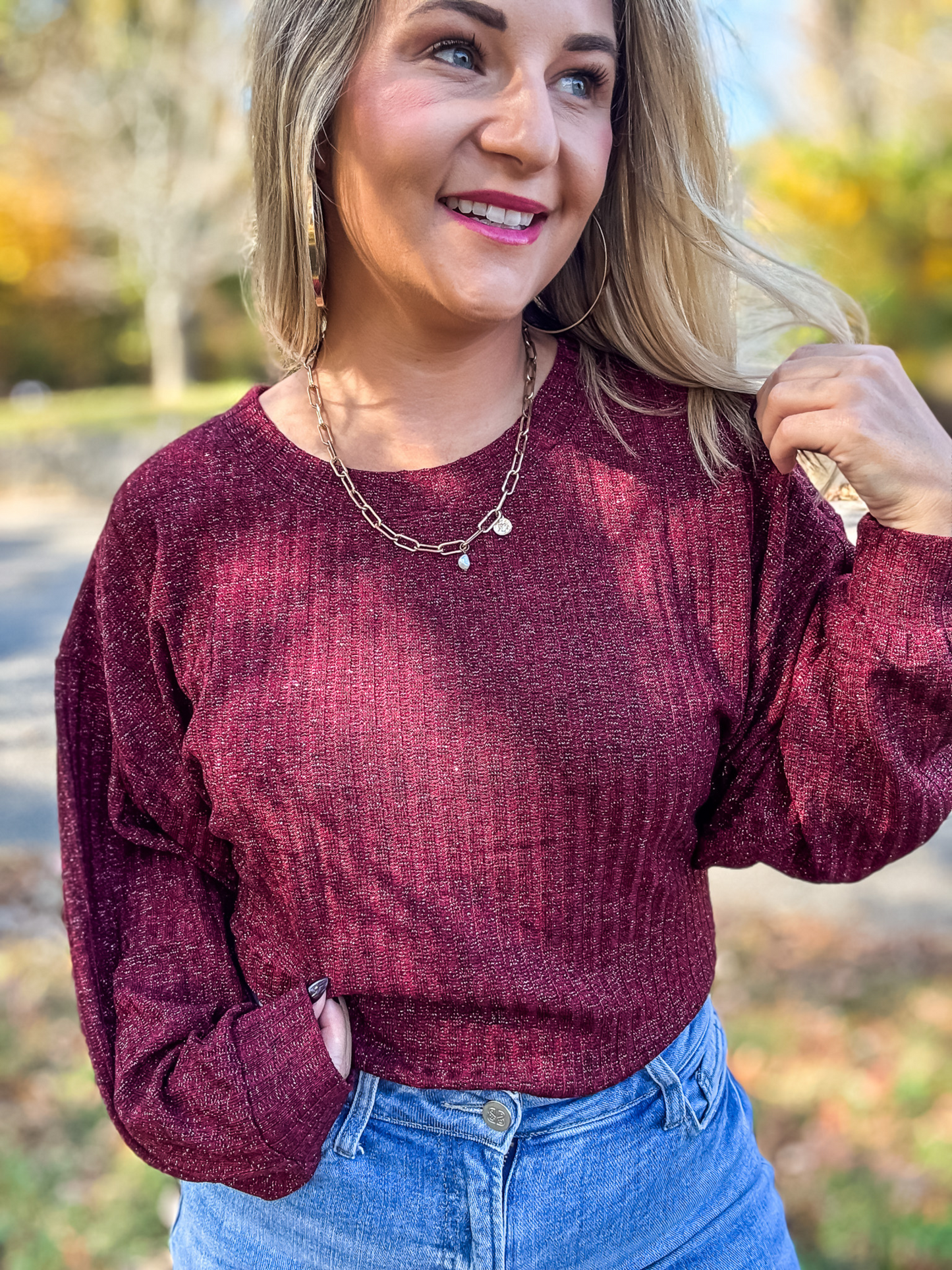 WINTER NIGHTS SKY METALLIC RIBBED KNIT TOP