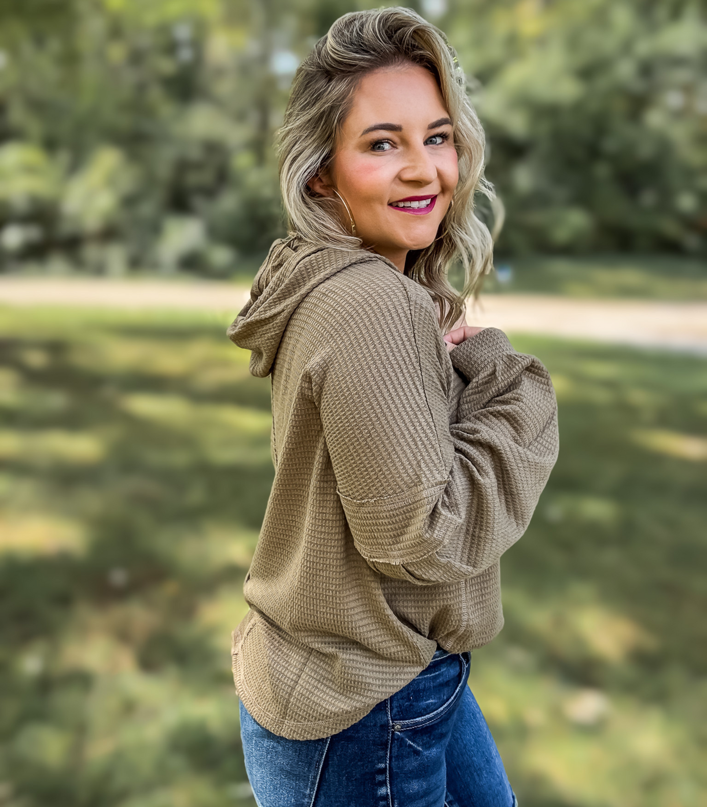 OLIVE DREAMS THERMAL KNIT HOODED HENLEY