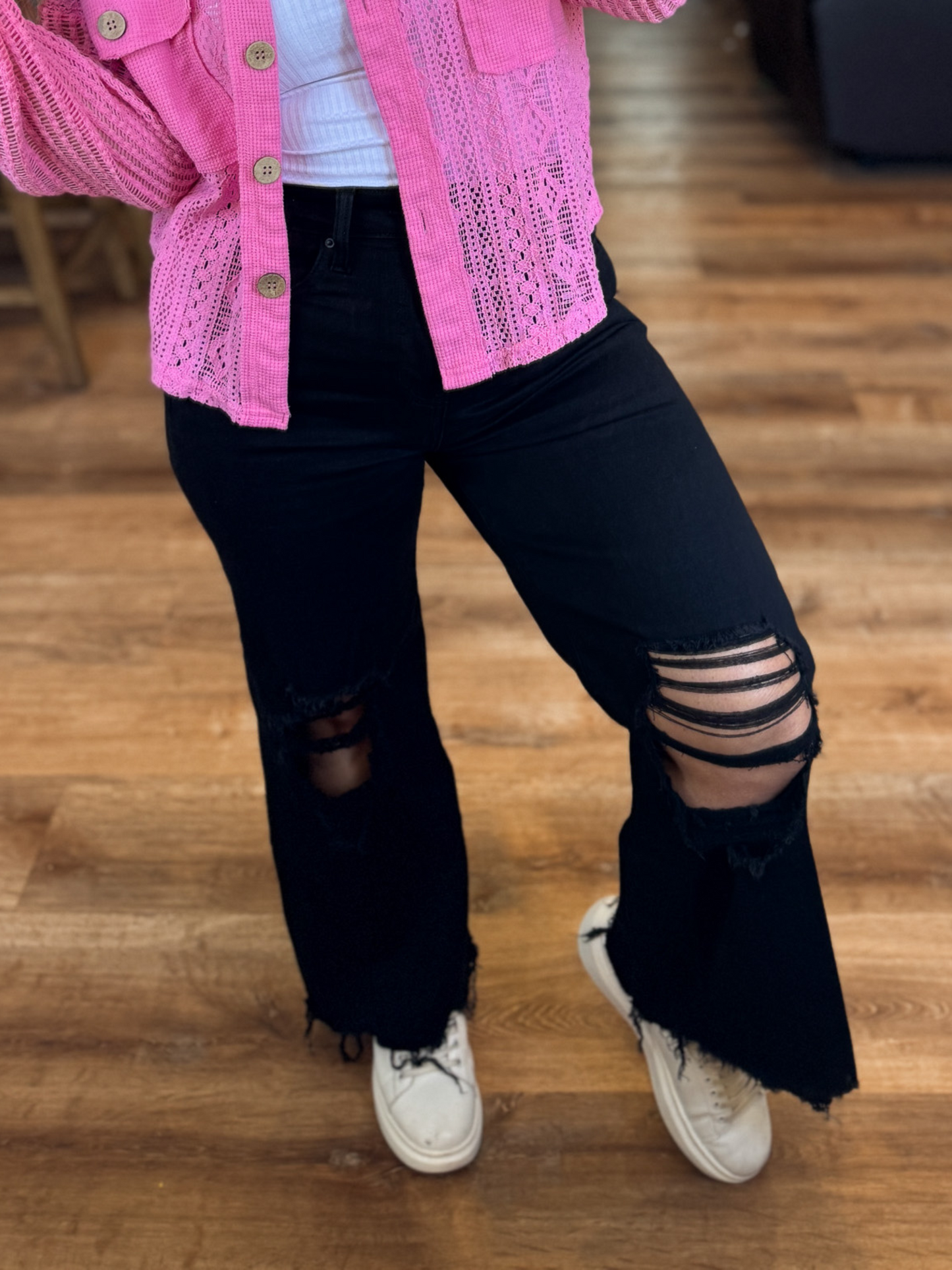 RESTOCK - THE KEL DISTRESSED KNEE FLARE GO-TO HIGH WAISTED JEANS - FINAL SALE