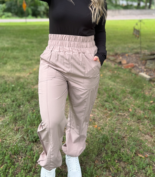 *BEST SELLING* ON THE MOVE SMOCKED WAIST JOGGERS - TAUPE - FINAL SALE