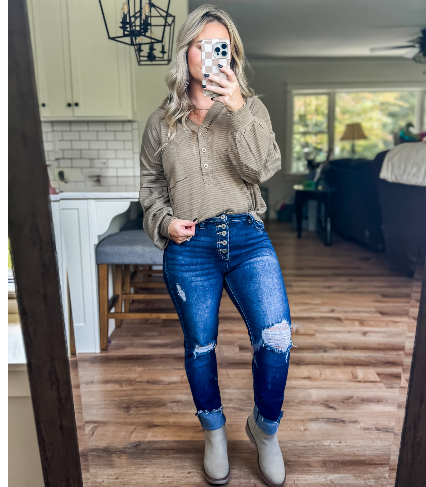 OLIVE DREAMS THERMAL KNIT HOODED HENLEY