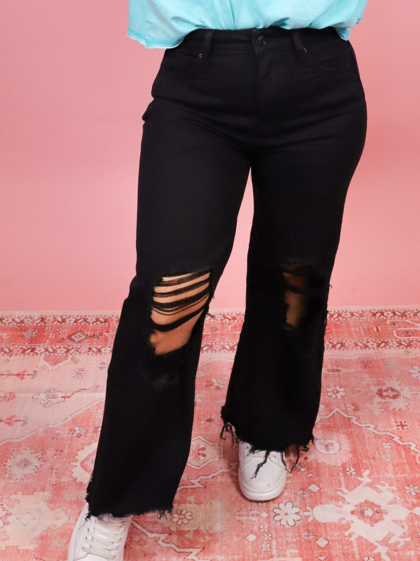 RESTOCK - THE KEL DISTRESSED KNEE FLARE GO-TO HIGH WAISTED JEANS - FINAL SALE
