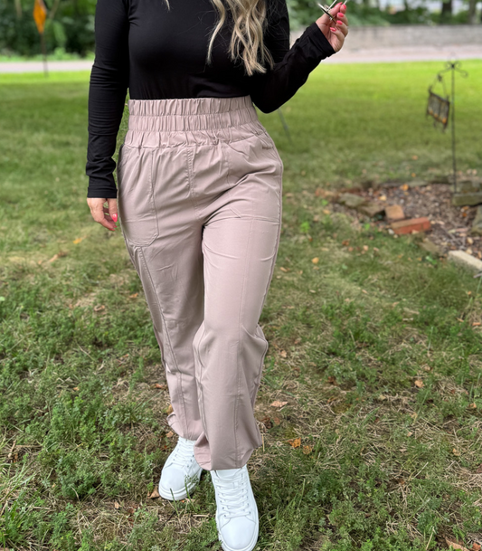 *BEST SELLING* ON THE MOVE SMOCKED WAIST JOGGERS - TAUPE - FINAL SALE