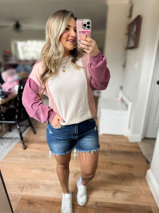 GIVE IT A GO SPRING PASTEL RIBBED COLOR BLOCK TOP - FINAL SALE