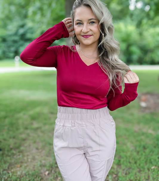 ESSENTIAL BASIC BUTTER SOFT V BERRY LONG SLEEVE TEE - FINAL SALE