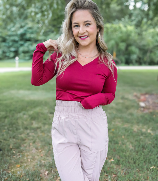 ESSENTIAL BASIC BUTTER SOFT V BERRY LONG SLEEVE TEE - FINAL SALE