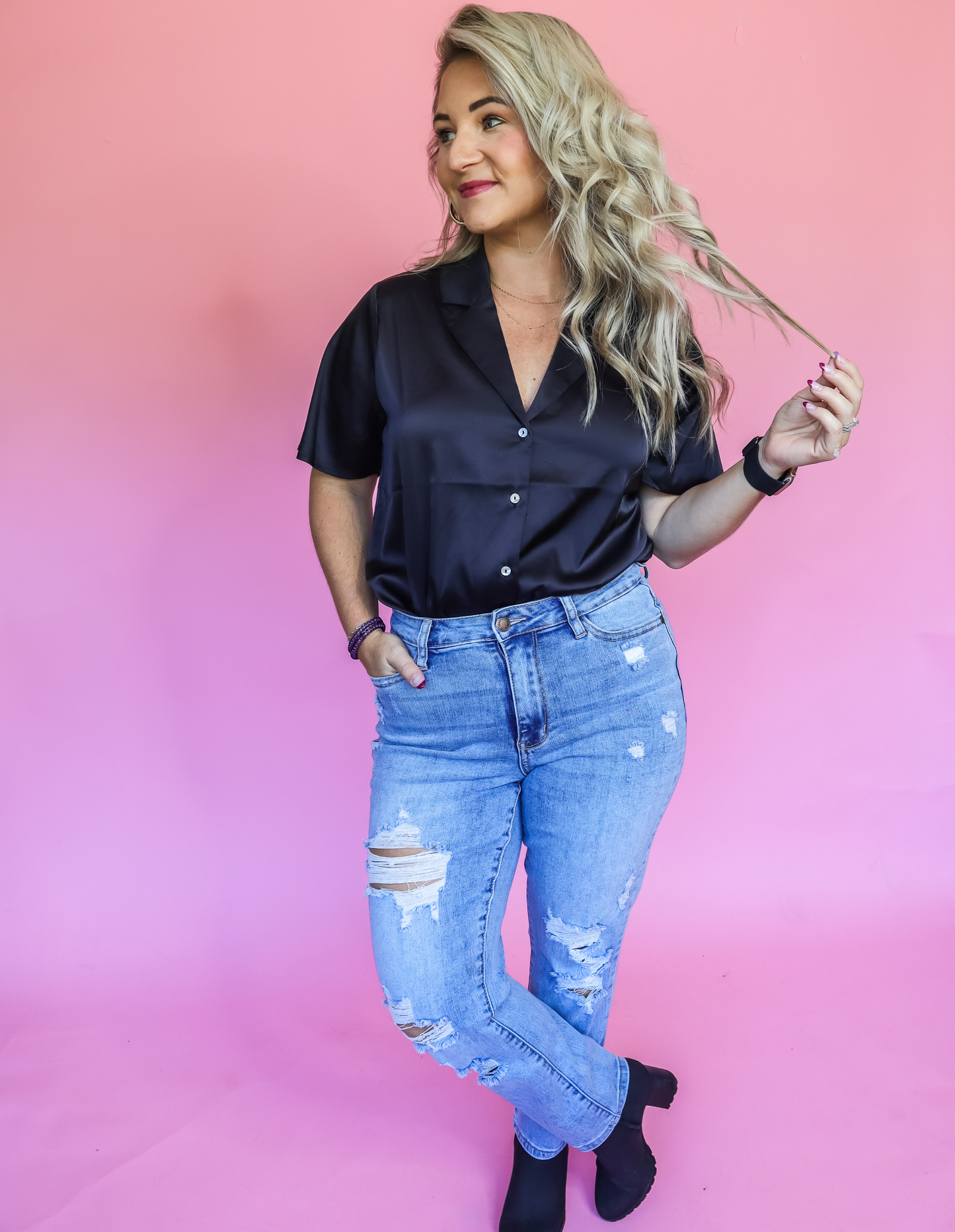 ON MY OWN SATIN BUTTON DOWN TOP - FINAL SALE