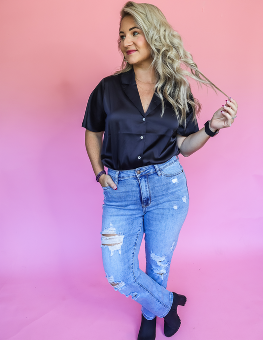 ON MY OWN SATIN BUTTON DOWN TOP - FINAL SALE