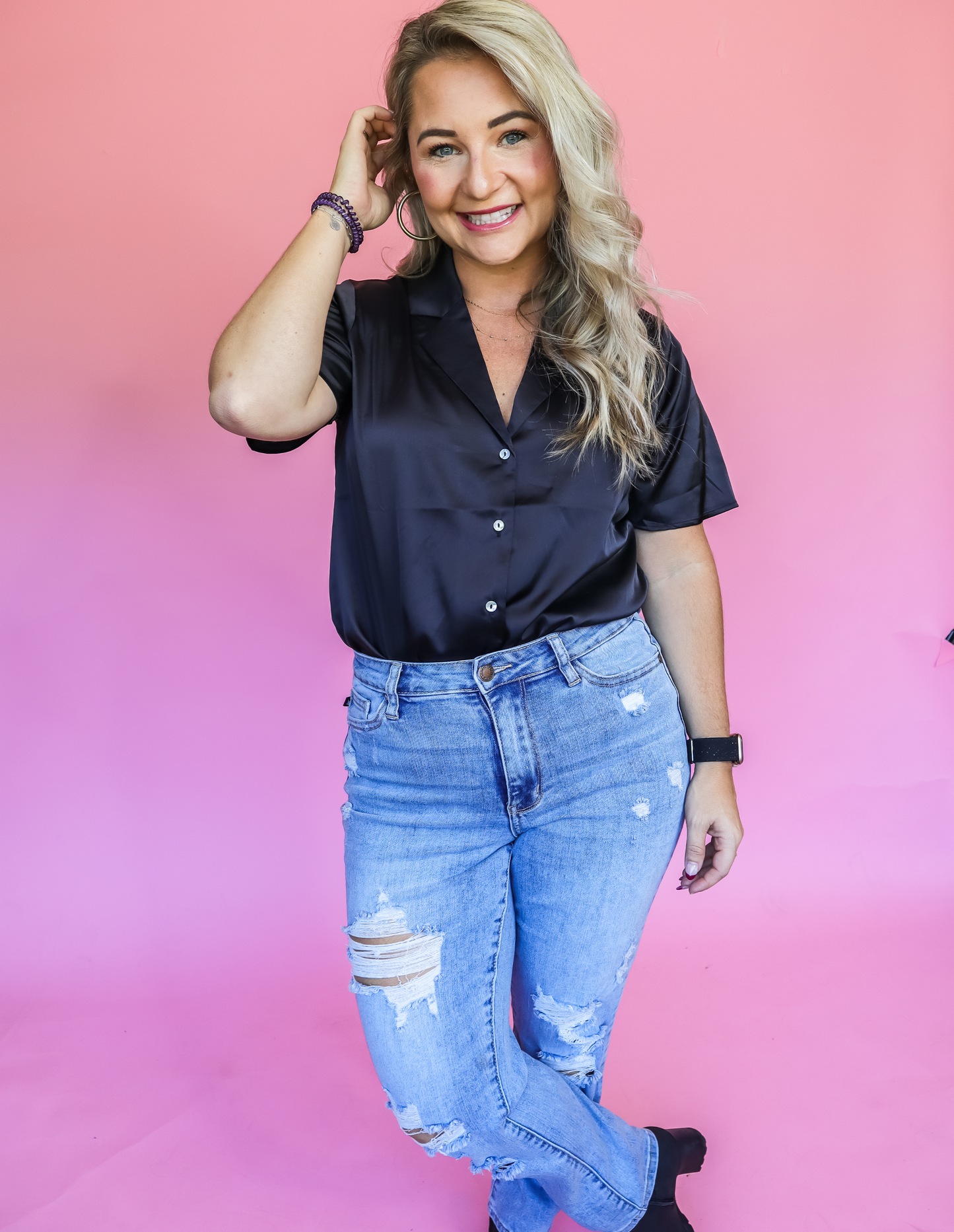 ON MY OWN SATIN BUTTON DOWN TOP - FINAL SALE