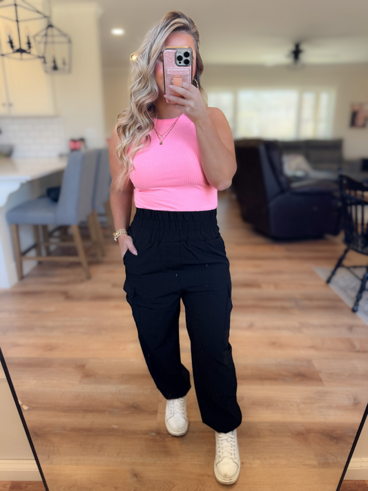 *BEST SELLING* ON THE MOVE SMOCKED WAIST CARGO JOGGERS - BLACK