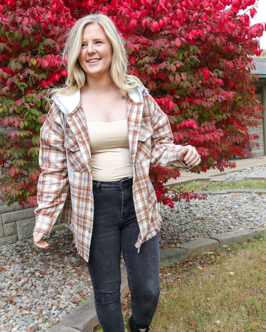 SEE YOU OUTSIDE HOODED FLANNEL CAMEL SHACKET - FINAL SALE