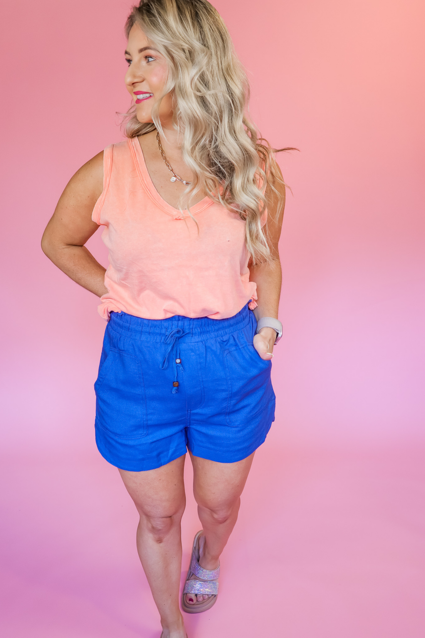MAKING WAVES BLUE LINED LINEN SHORTS - FINAL SALE