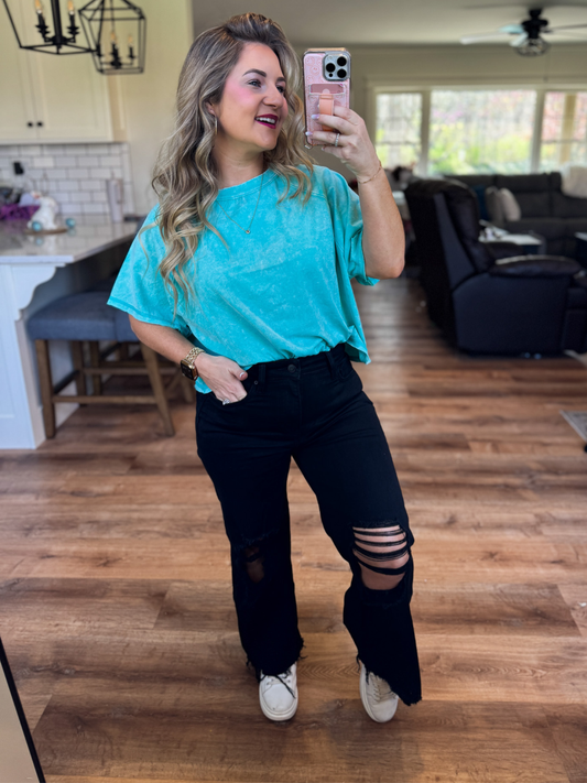 RESTOCK - THE KEL DISTRESSED KNEE FLARE GO-TO HIGH WAISTED JEANS - FINAL SALE