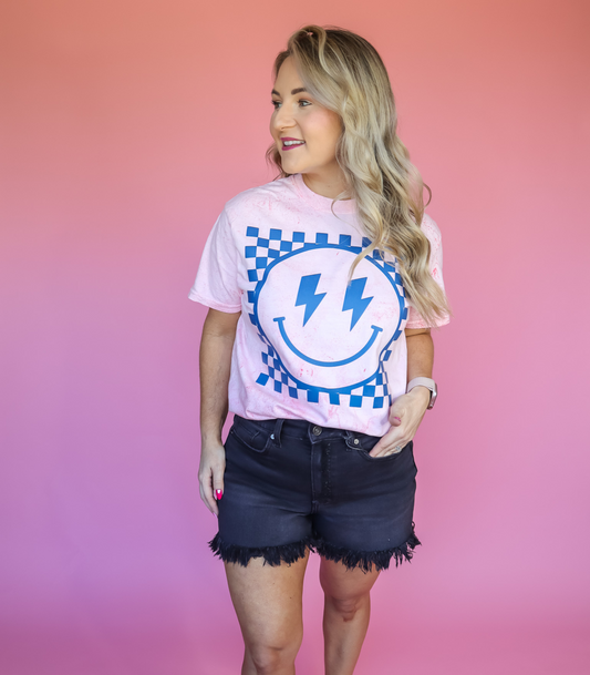 CHECKERED SMILEY NAVY PUFF PRINT - TUESDAY TEE