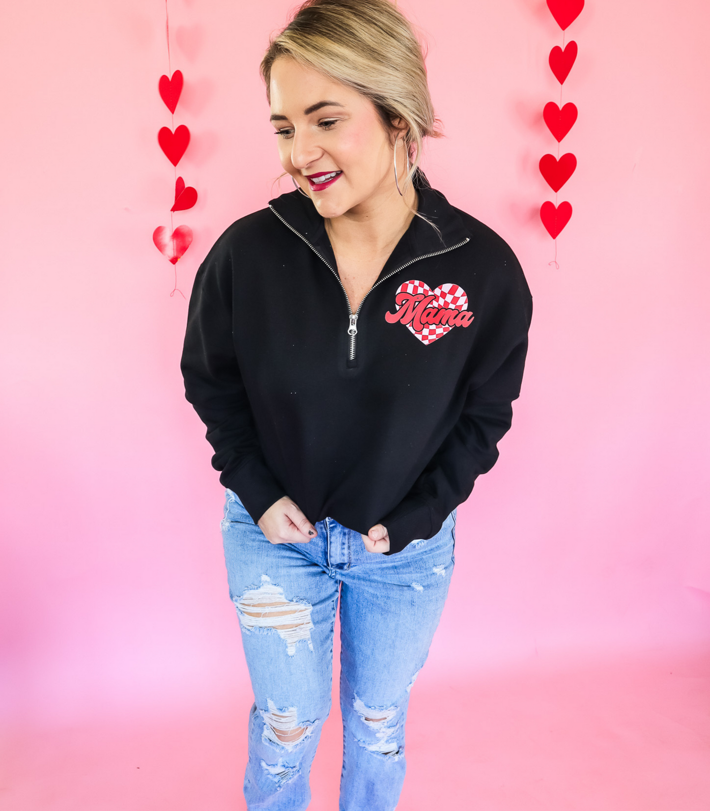 MAMA CHECKERED LEFT CHEST VALENTINE'S DAY QUARTER ZIP