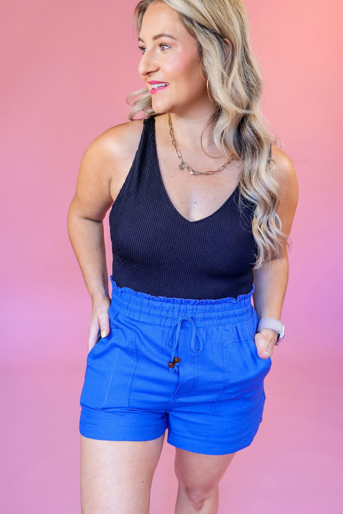 MAKING WAVES BLUE LINED LINEN SHORTS - FINAL SALE