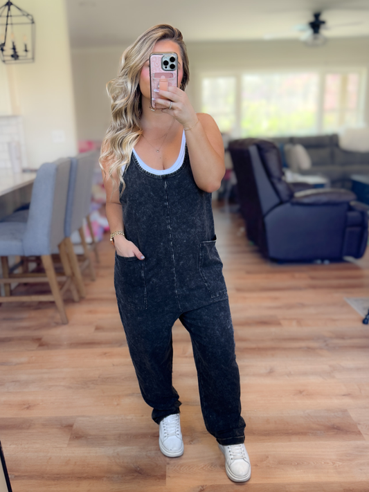 RESTOCK - CAN'T GO WRONG BLACK MINERAL WASHED ROMPER
