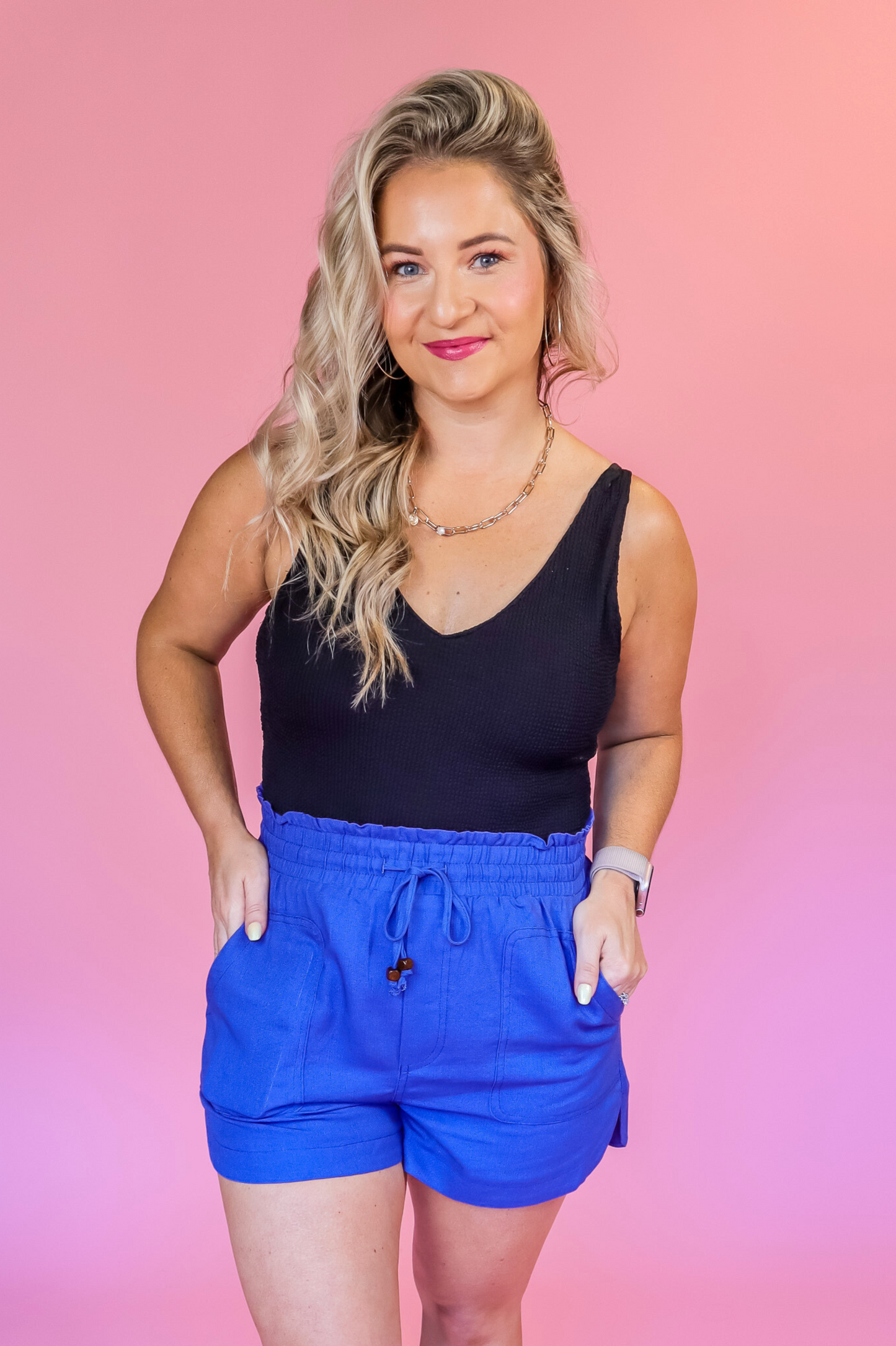MAKING WAVES BLUE LINED LINEN SHORTS - FINAL SALE