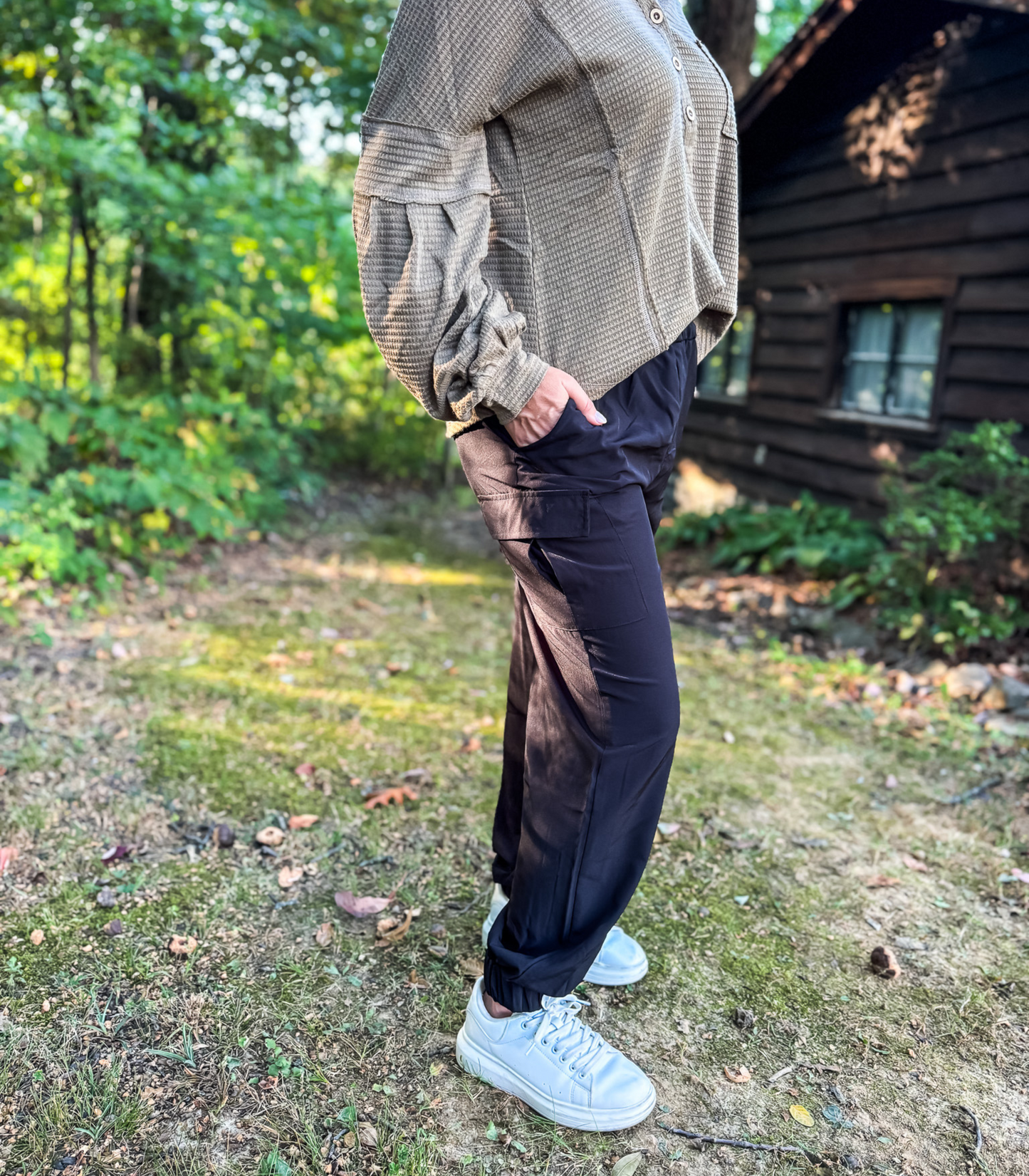 *BEST SELLING* ON THE MOVE SMOCKED WAIST CARGO JOGGERS - BLACK