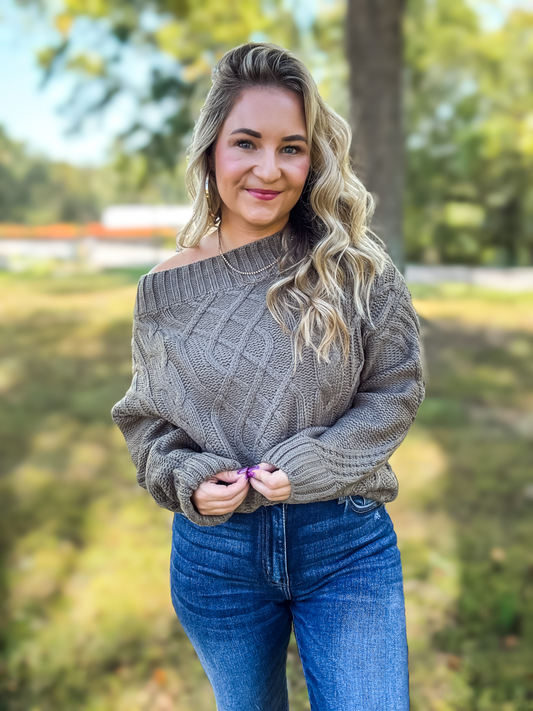 SLOW IT DOWN CABLE KNIT OFF SHOULDER SWEATER - FINAL SALE