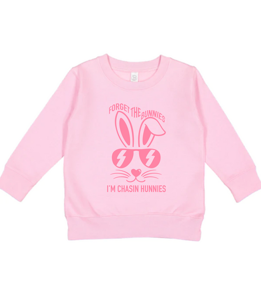 KIDS PINK FORGET THE BUNNIES I'M CHASIN HUNNIES CREW