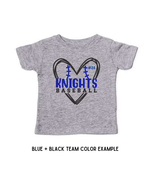 KIDS CUSTOMIZED MASCOT + PLAYER NUMBER BASEBALL HEART TEE