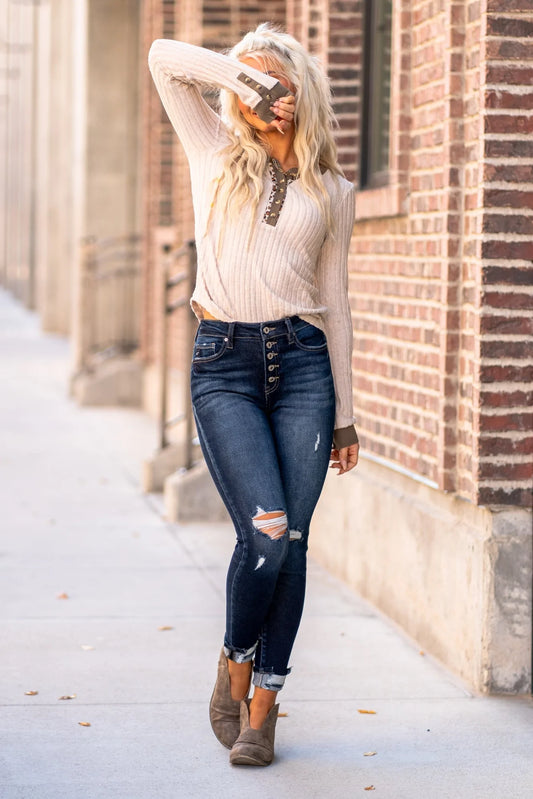 KAN CAN DARK WASH DISTRESSED JEANS - FINAL SALE