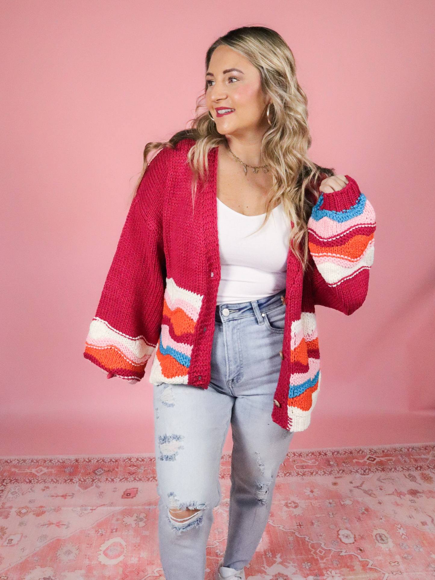 GIVE ME TIME PINK MULTI COLOR BUTTON DOWN CARDIGAN