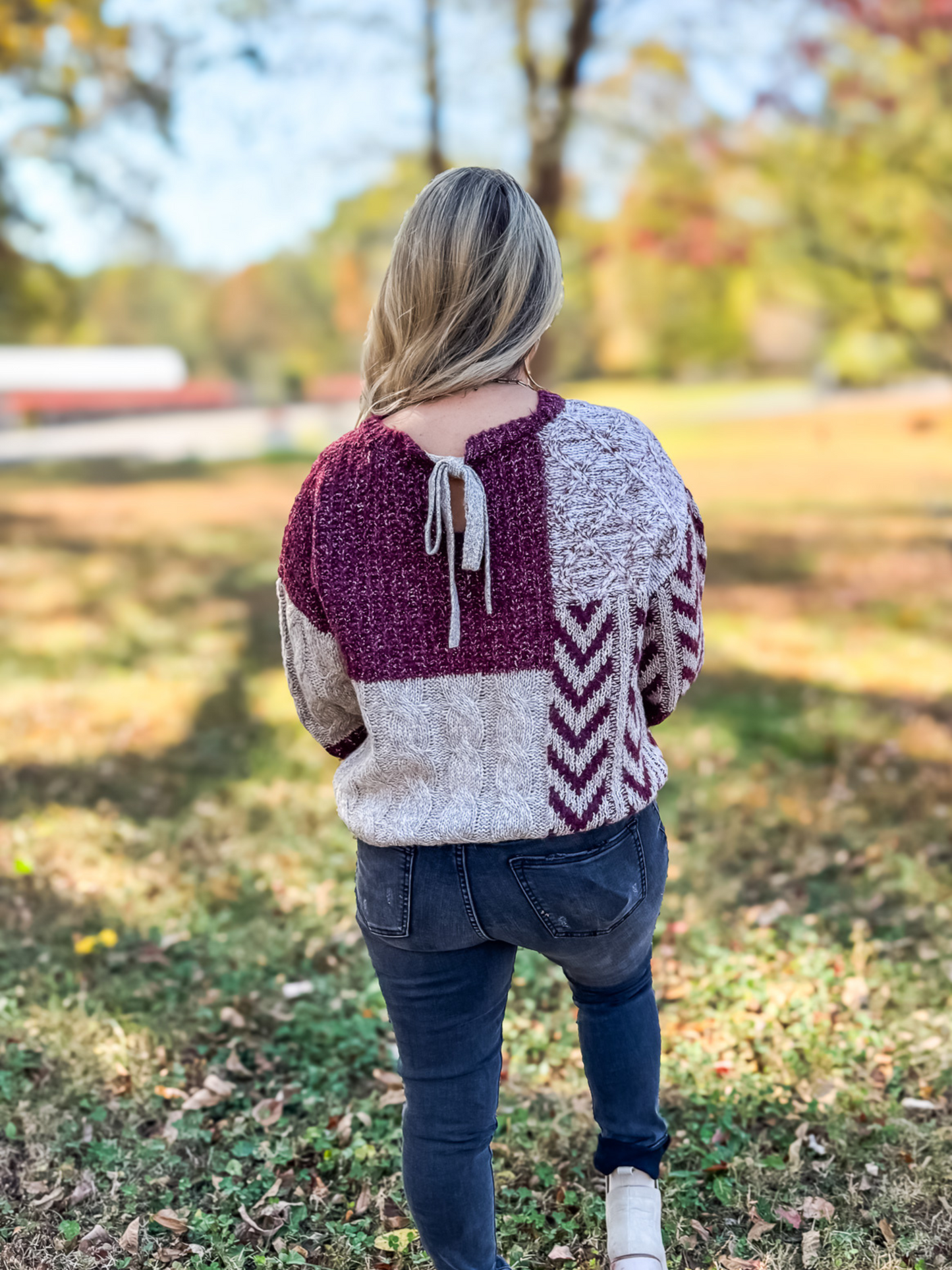 FIND ME IN FALL MIXED CABLE KNIT SWEATER WITH TIE BACK