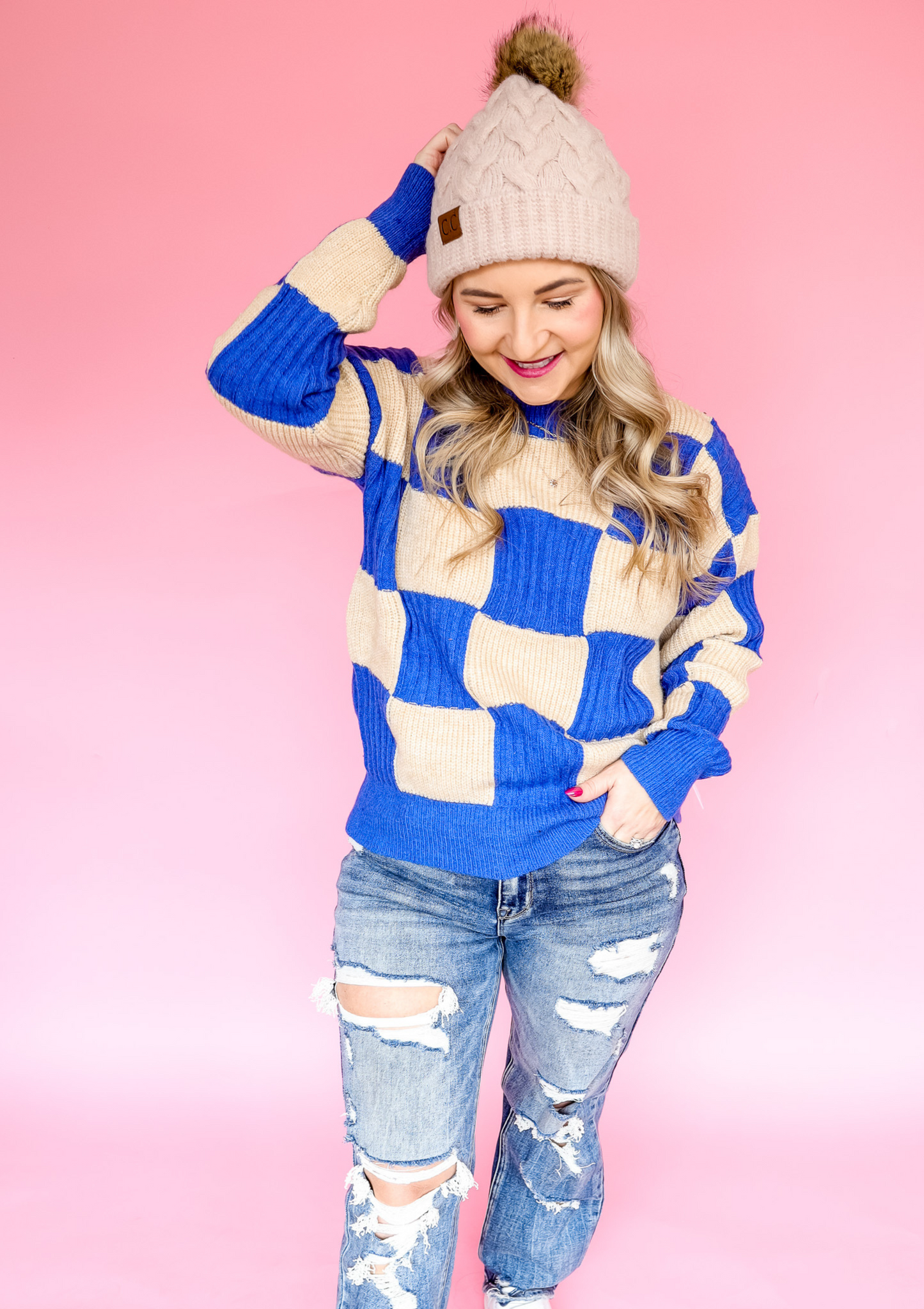 SOMETHING TO TELL BLUE TAUPE CHECKERED SWEATER