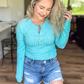 NO SUMMER BLUES - RIBBED LONG SLEEVE BUTTON TOP