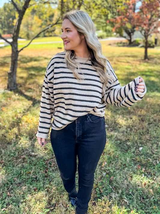 BETTER IN BOSTON BEIGE/BLACK STRIPED SWEATER