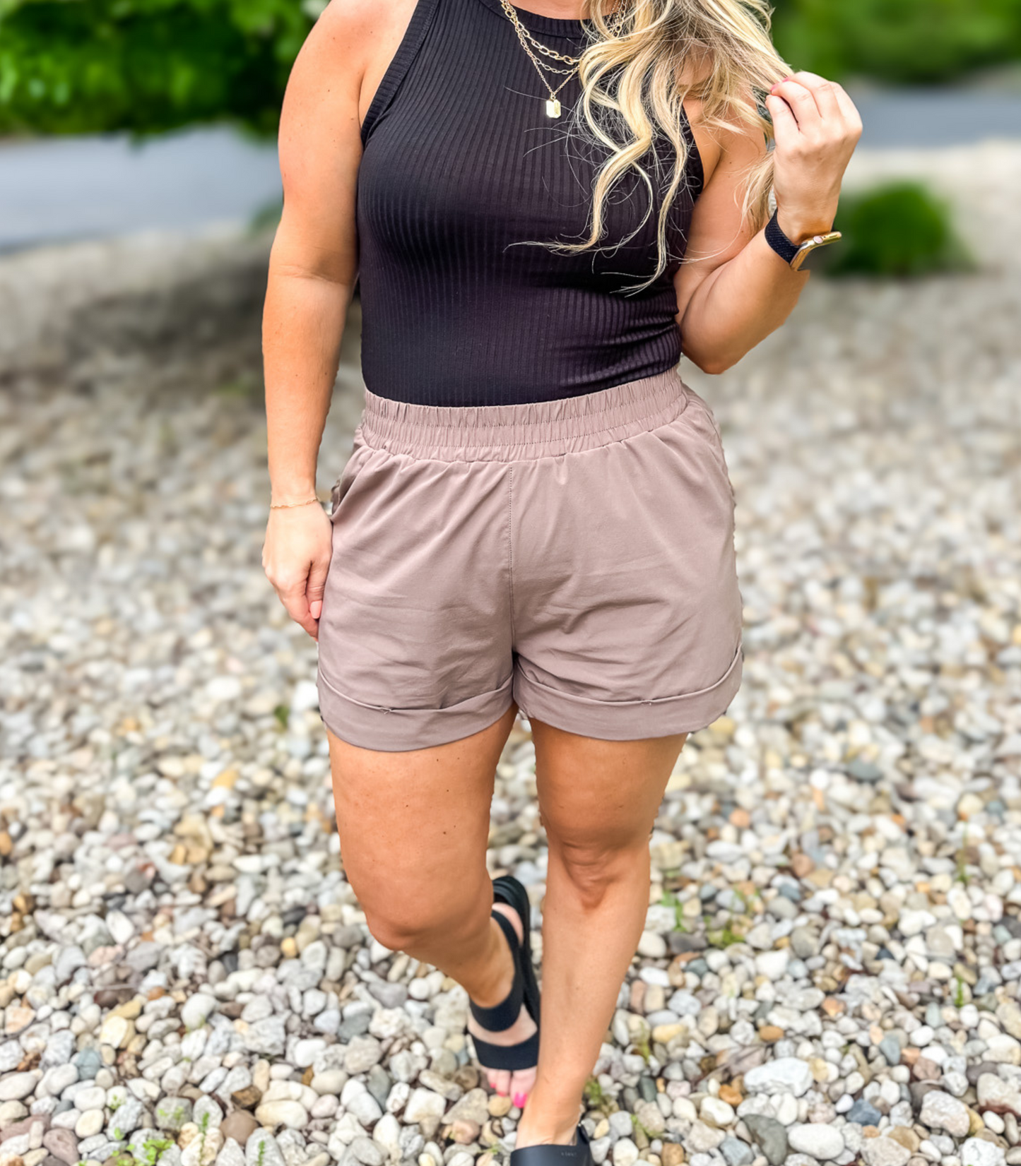 SLAY THE WAY HIGH WAISTED ATHELETIC SHORTS - TAUPE