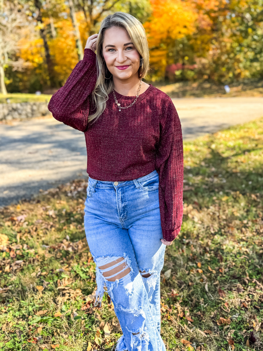 AUTUMN NIGHTS SKY METALLIC RIBBED KNIT TOP