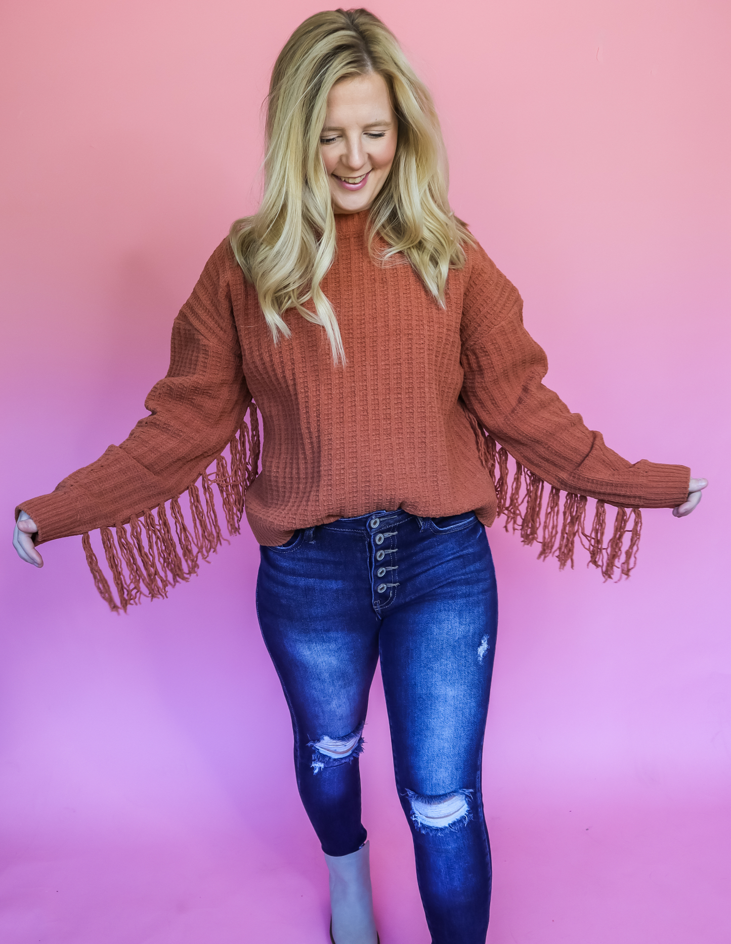 AUTUMN'S CALLING FRINGE SLEEVE SWEATER