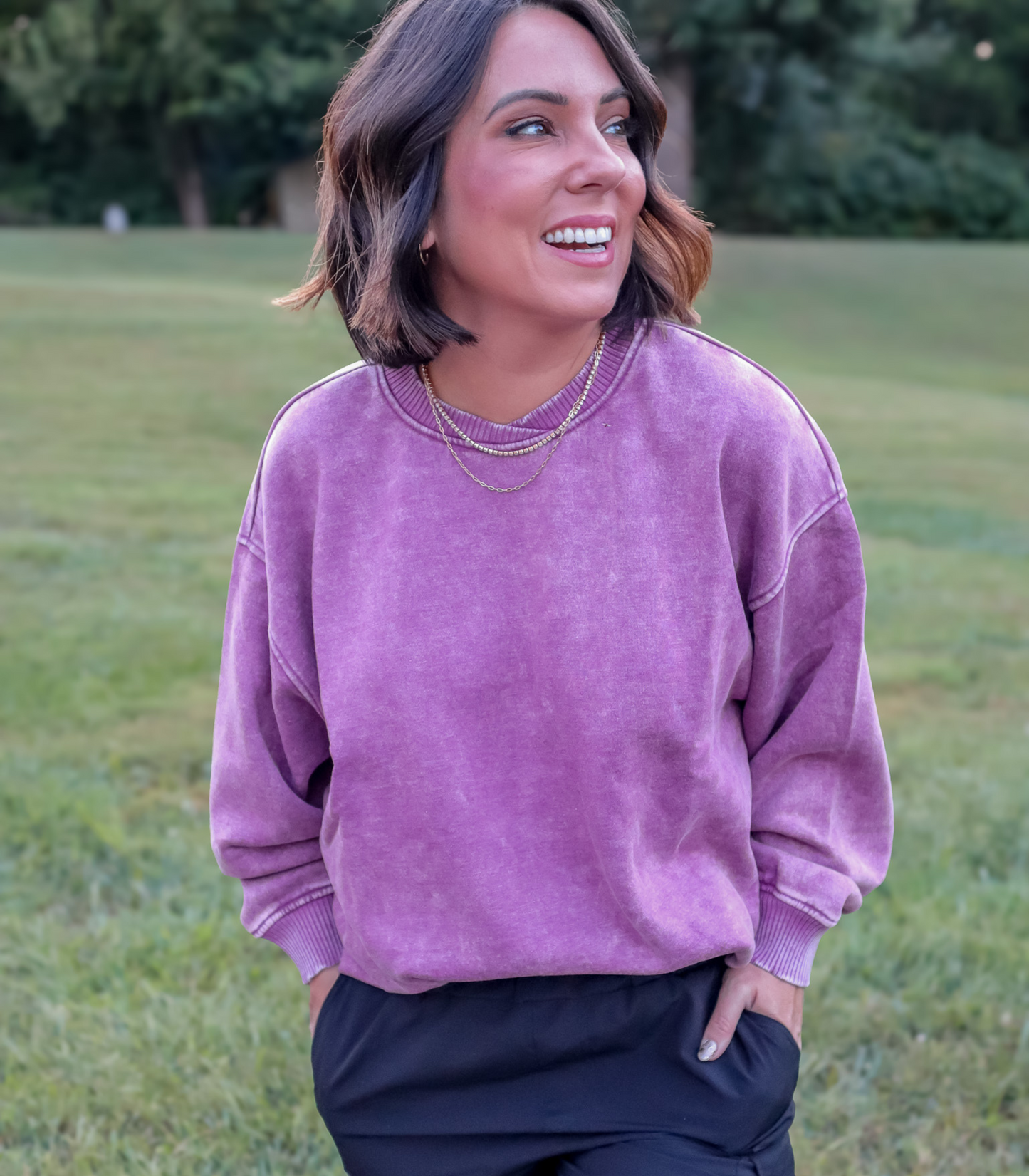 PRETTY IN PLUM ACID WASH FLEECE PULLOVER